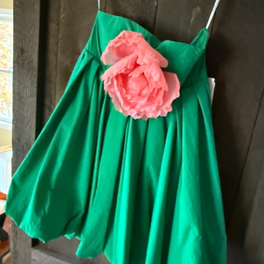 Mac Duggal Green dress with pink flower on chest